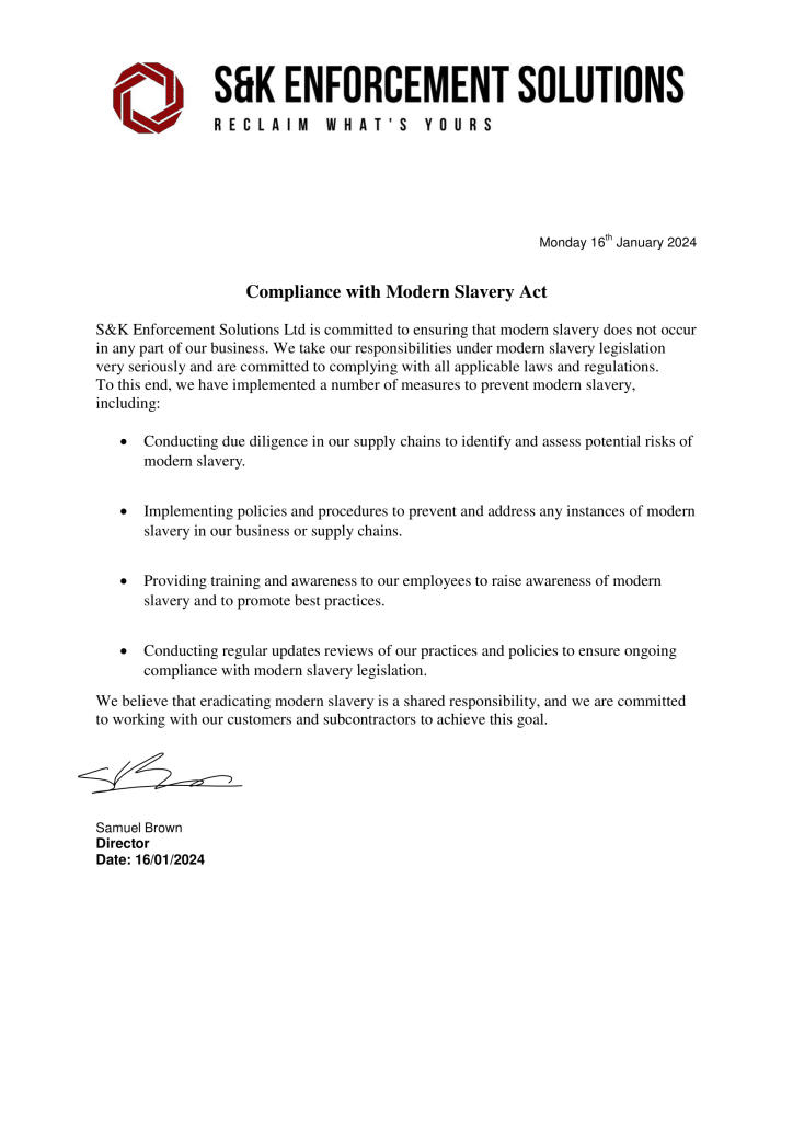 S&K Enforcement Solutions compliance with the Modern Slavery Act