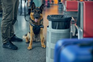 Detection dog on duty with security officer at airport